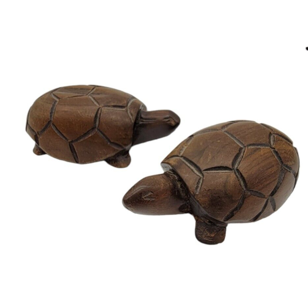 Two (2) Hand Carved Monkeywood Turtles Tortoises Wooden Figurines 5"